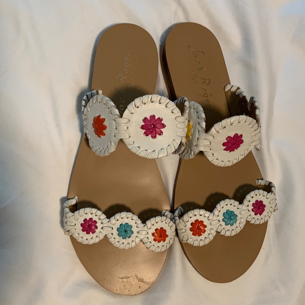 Jack Rogers White Sandals with Floral Embellishments